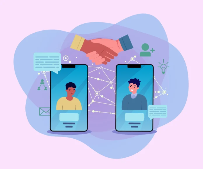 Ilustração de comunidades digitais mostrando o ciclo contínuo de relacionamento com o cliente por meio de smartphones, troca de mensagens e interação online.